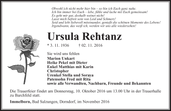 Traueranzeige von Ursula Rehtanz von Südthüringer Presse