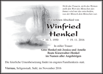 Traueranzeige von Winfried Henkel von Südthüringer Presse