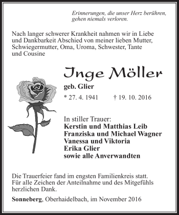 Traueranzeige von Inge Möller von Südthüringer Presse