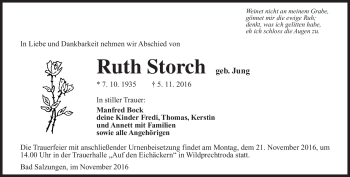 Traueranzeige von Ruth Storch von Südthüringer Presse