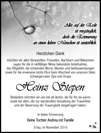 Traueranzeige von Heimz Stepen von Südthüringer Presse