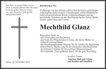 Traueranzeige von Mechthild Glanz von Südthüringer Presse