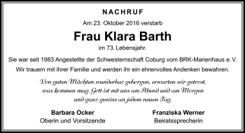 Traueranzeige von Klara Barth von Neue Presse Coburg