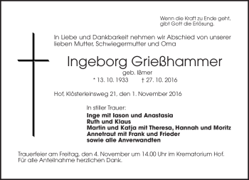 Traueranzeige von Ingeborg Grießhammer von Frankenpost