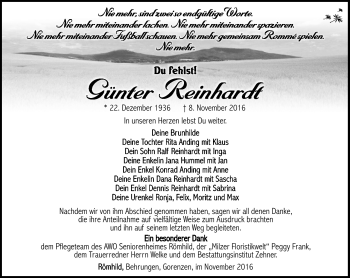 Traueranzeige von Günter Reinhardt von Südthüringer Presse