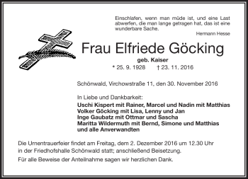 Traueranzeige von Elfriede Göcking von Frankenpost