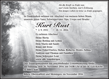 Traueranzeige von Kurt Rust von Südthüringer Presse