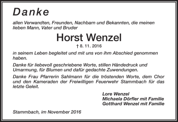 Traueranzeige von Horst Wenzel von Frankenpost