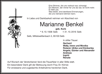 Traueranzeige von Marianne Benkel von Frankenpost