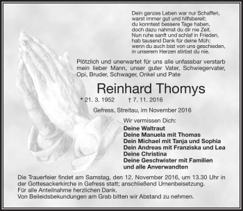 Traueranzeige von Reinhard Thomys von Frankenpost