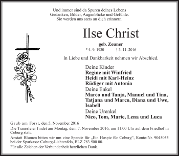 Traueranzeige von Ilse Christ von Neue Presse Coburg