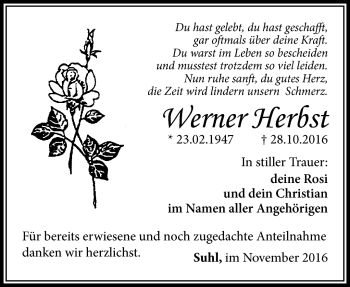 Traueranzeige von Werner Herbst von Südthüringer Presse