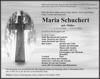 Traueranzeige von Maria Schuchert von Südthüringer Presse