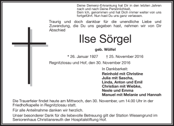 Traueranzeige von Ilse Sörgel von Frankenpost