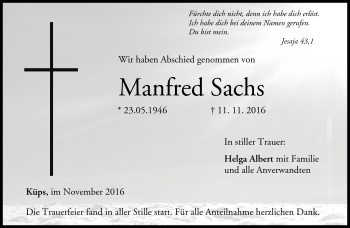 Traueranzeige von Manfred Sachs von Neue Presse Coburg