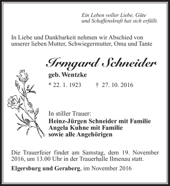 Traueranzeige von Irmgard Schneider von Südthüringer Presse