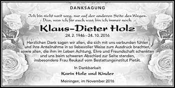 Traueranzeige von Klaus-Dieter Holz von Südthüringer Presse