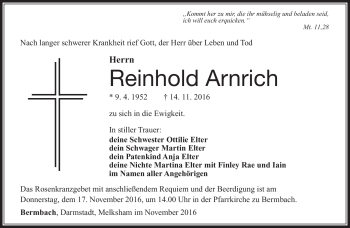 Traueranzeige von Reinhold Arnrich von Südthüringer Presse