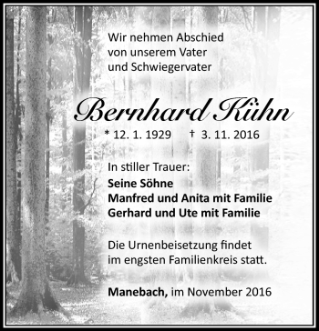 Traueranzeige von Bernhard Kühn von Südthüringer Presse