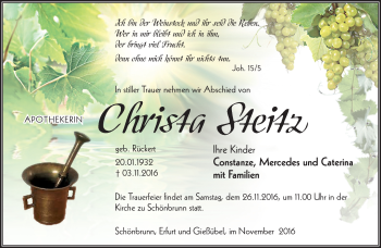 Traueranzeige von Christa Steitz von Südthüringer Presse
