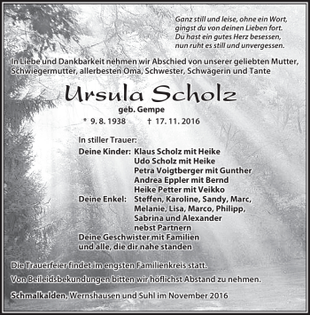 Traueranzeige von Ursula Scholz von Südthüringer Presse