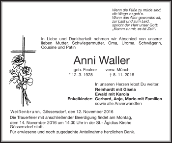 Traueranzeige von Anni Waller von Neue Presse Coburg