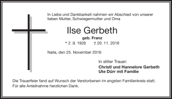 Traueranzeige von Ilse Gerbeth von Frankenpost