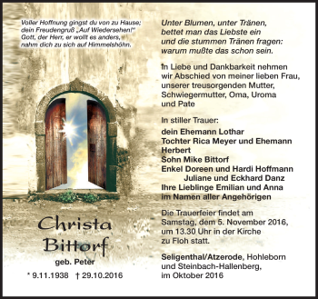 Traueranzeige von Christa Bittdorf von Südthüringer Presse