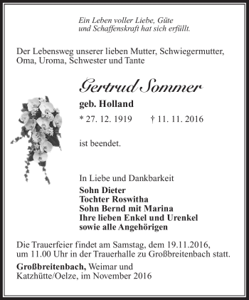 Traueranzeige von Gertrud Sommer von Südthüringer Presse