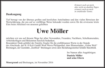 Traueranzeige von Uwe Möller von Südthüringer Presse