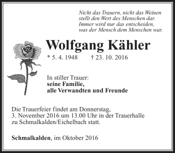 Traueranzeige von Wolfgang Kähler von Südthüringer Presse