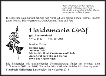 Traueranzeige von Heidemarie Gräf von Südthüringer Presse