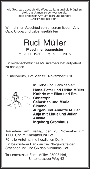 Traueranzeige von Rudi Müller von Frankenpost