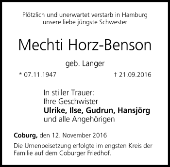 Traueranzeige von Mechti Horz-Benson von Neue Presse Coburg