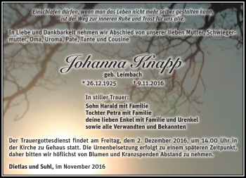 Traueranzeige von Johanna Knapp von Südthüringer Presse