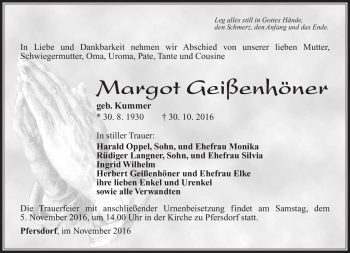 Traueranzeige von Margot Geißendorf von Südthüringer Presse