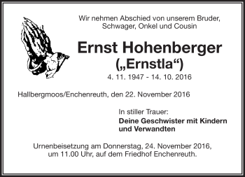 Traueranzeige von Ernst Hohenberger von Frankenpost