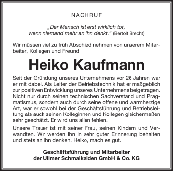 Traueranzeige von Heiko Kaufmann von Südthüringer Presse