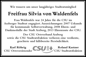 Traueranzeige von Silvia von Waldenfels von Frankenpost