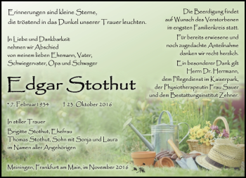 Traueranzeige von Edgar Stothut von Südthüringer Presse