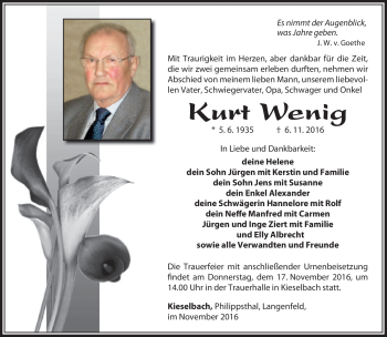 Traueranzeige von Kurt Wenig von Südthüringer Presse