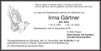 Traueranzeige von Irma Gärtner von Frankenpost