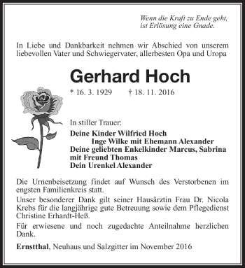 Traueranzeige von Gerhard Hoch von Südthüringer Presse