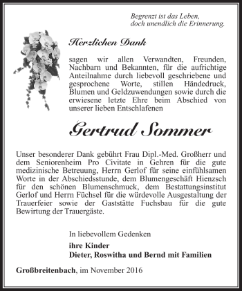 Traueranzeige von Gertrud Sommer von Südthüringer Presse