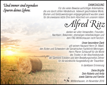 Traueranzeige von Alfred Ritz von Südthüringer Presse