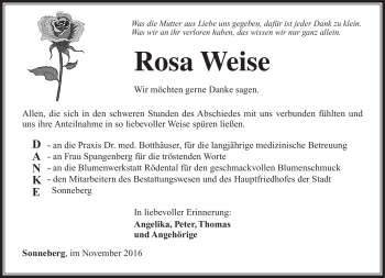 Traueranzeige von Rosa Weise von Südthüringer Presse