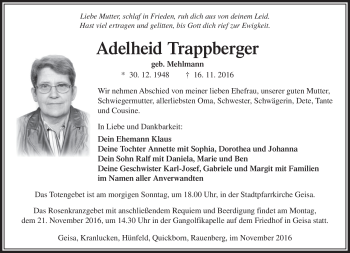 Traueranzeige von Adelheid Trappberger von Südthüringer Presse