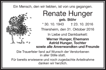 Traueranzeige von Renate Hunger von Frankenpost