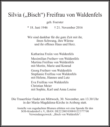 Traueranzeige von Silvia Freifrau von Waldenfels von Frankenpost