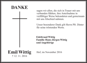 Traueranzeige von Emil Wittig von Frankenpost
